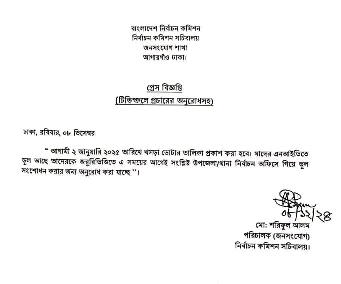 খসড়া ভোটার তালিকা প্রকাশ ২ জানুয়ারি ২০২৫